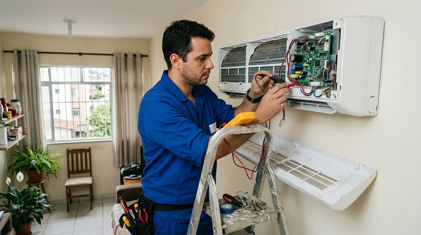 Eletricista ligando a placa do ar-condicionado split em Palhoça‑SC
